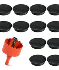 12 Pack Black Desk Grommets 2 Inch With Hole Saw For Cable Management, Durable ABS Desk Cord Hole Covers displayed with saw