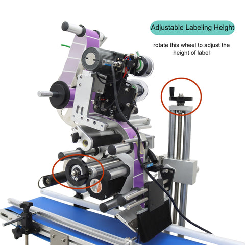 Automatic Flat Labeling Machine With High Speed Printer Desktop Conveyor Labeler Touchscreen Control 110V shown with adjustable labeling height feature.