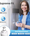 Woman with glass of water beside refrigerator, Whirlpool Fridge Water Filter Easy Install Compatible With 4396508 4396510 inset