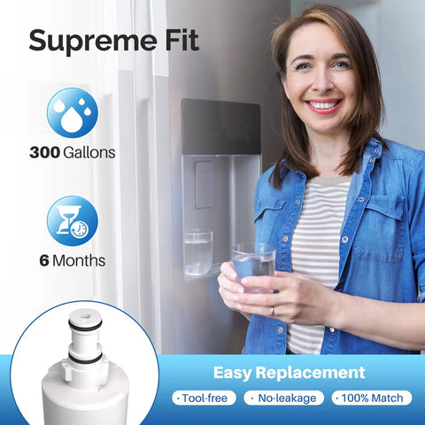 Woman with glass of water beside refrigerator, Whirlpool Fridge Water Filter Easy Install Compatible With 4396508 4396510 inset