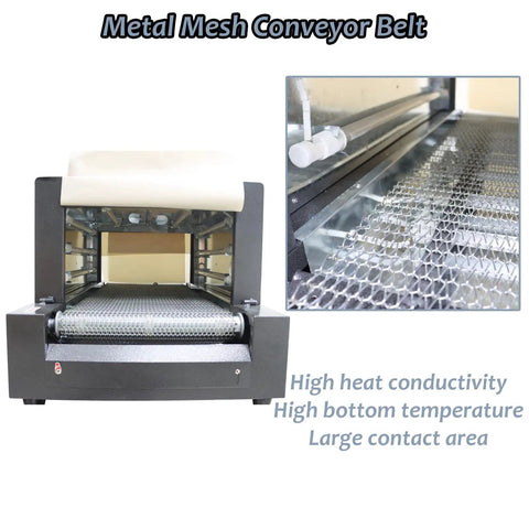 Industrially Grade INTSUPERMAI Heat Shrink Wrapping Machine With Quartz Far Infrared Heating Tubes For Tight PVC POF Film Packaging 17.7 By 9.84 Inches Working Table showing metal mesh conveyor belt with high heat conductivity.