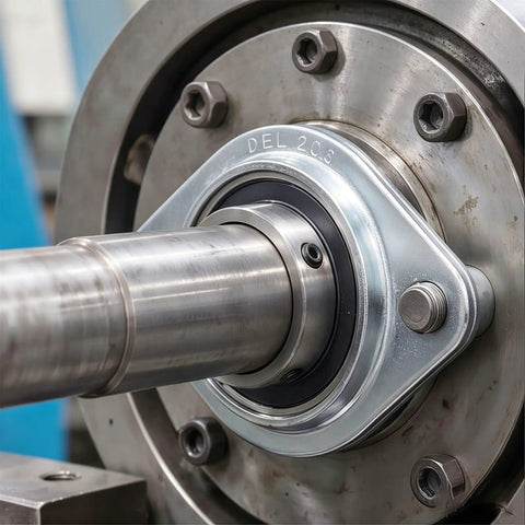 Close-up of Pillow Block Bearing With Three Quarter Inch Bore, 304 Stainless Steel Housing, Set Screw Lock on industrial equipment