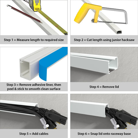 Step-by-step installation of Self-Adhesive Cable Raceway For Wall Wires Keep Your Cords Tucked - Paintable Cord Cover system.