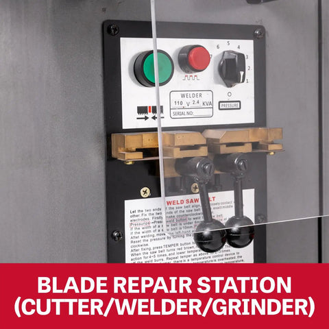 Blade repair station with cutter, welder, grinder controls, part of the 18-Inch Continuous Variable-Speed Band Saw With 1 HP 110V Single-Phase BLDC Motor.