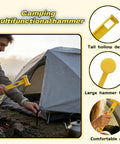 Camping Tent Stake Hammer With Puller Ultralight Nine Point Eight Four Inch Mallet Yellow PE Plastic Handle shown in use
