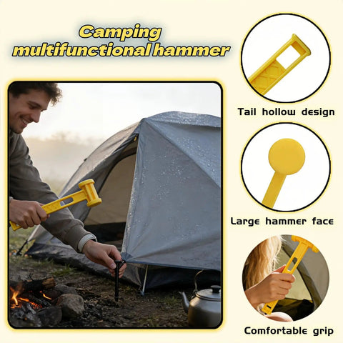 Camping Tent Stake Hammer With Puller Ultralight Nine Point Eight Four Inch Mallet Yellow PE Plastic Handle shown in use