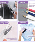 All In One Sublimation Shirts Tool Kit For Vinyl Alignment With Portable Ironing Pad And T Shirt Ruler Guides Must Have Teflon Sheets For Cricut Heat Press HTV Center Designs Plus Heat Resistant Gloves Tape Pencils And Mini Pruning Tool including tape measure, colored pencils, pruning tool, and scrapers.
