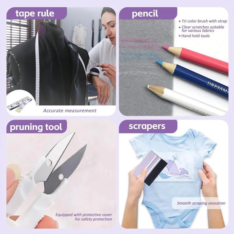 All In One Sublimation Shirts Tool Kit For Vinyl Alignment With Portable Ironing Pad And T Shirt Ruler Guides Must Have Teflon Sheets For Cricut Heat Press HTV Center Designs Plus Heat Resistant Gloves Tape Pencils And Mini Pruning Tool including tape measure, colored pencils, pruning tool, and scrapers.