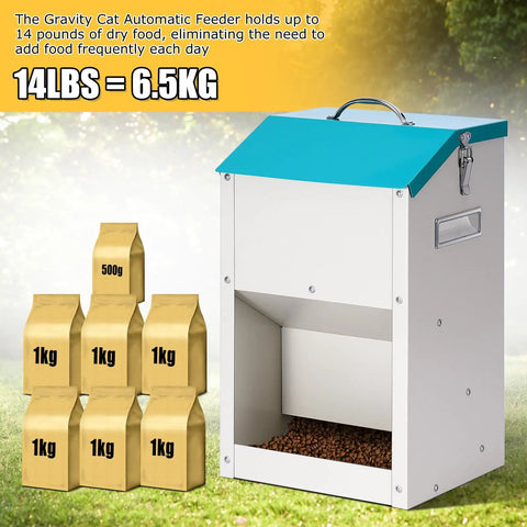 No Sweat Automatic Dog And Cat Feeder With 14 Liter Gravity Stand for reliable outdoor dry food dispenser, showing 14lbs capacity with kibble.