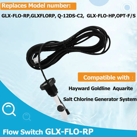 GLX-FLO-RP Flow Switch Assembly with 15-foot cable for Hayward Goldline Aquarite Salt Systems, shown on a pool background.