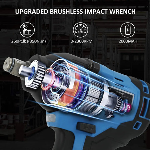 Cutaway view of Cordless Brushless Half Inch Impact Wrench With 260 Ft Lbs Max Torque 2.0Ah Battery The Go To Tool For Car Tire Changes Fast Lug Nut Power Quiet Long Lasting