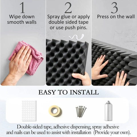 Instructions for Gamechanging 1 Pack Egg Crate Acoustic Foam Panels High Density Soundproof WallTiles installation process.