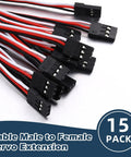 Fifteen Piece 3 Pin Servo Extension Cables Set 11.8 Inch Long Male To Female RC Wire Connectors Perfect For Futaba JR Planes Drones Cars