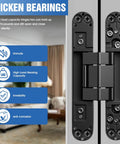 Seven Inch Black Hidden Door Hinges For Secret Rooms And Bookcase Doors Slick Invisible Folding Hardware showing load-bearing capacities and features.
