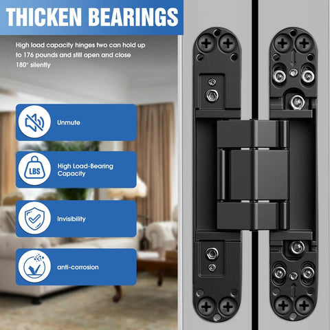Seven Inch Black Hidden Door Hinges For Secret Rooms And Bookcase Doors Slick Invisible Folding Hardware showing load-bearing capacities and features.