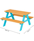 Wooden Outdoor Kids Picnic Table And Bench Set In Brown And Aqua, showing dimensions 89cm x 79cm x 50cm, A-frame design
