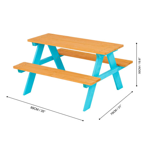 Wooden Outdoor Kids Picnic Table And Bench Set In Brown And Aqua, showing dimensions 89cm x 79cm x 50cm, A-frame design