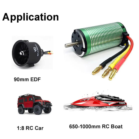 1900KV Brushless Motor 2400W 78A 31V 4Pole for 1 8th RC Cars and Boats with strong torque, fast acceleration, and heat dissipation