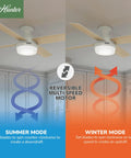 52 Inch Indoor Ceiling Fan With LED Light And Remote Control, White Modern Low Profile Mount, Four Blades, Seasonal Modes