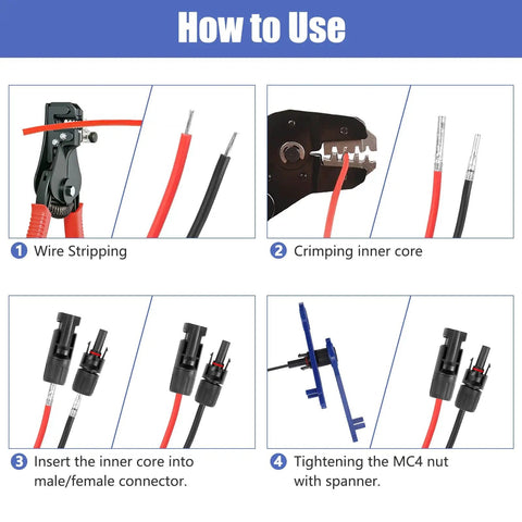 Step-by-step guide using 40 Piece Solar Panel Connector Kit With Male And Female Multi Pin PV Connectors IP67 Waterproof 1000V 30A Rating Works With 14 AWG To 10 AWG Cables Includes 2 Wrenches Durable PPO Copper Construction