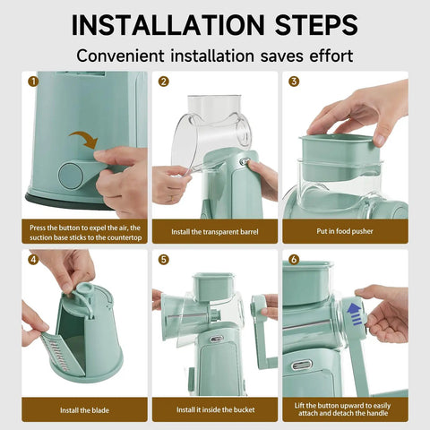 Installation steps for Rotary Cheese Grater Hand Crank 5 In 1 Mandoline Slicer highlighting easy assembly process