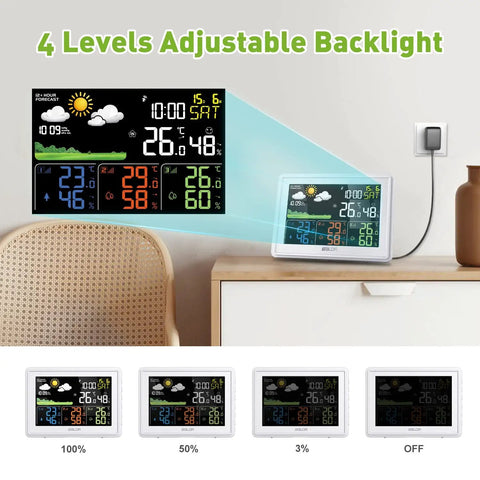 Wireless Weather Station With Three Sensors, Color Display Digital Atomic Clocks, Indoor Outdoor Temp And Humidity