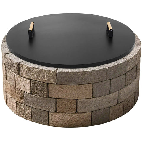 Round 38 Inch Fire Pit Lid Cover With Wooden Handles For Patio Fire Pits Heavy Duty Rust Resistant 1.5mm Metal Lid All Season Protection