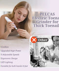 Woman using Cordless Electric Foot File For Crusty Thick Toenails And Hard Calluses Packs Eight Swappable Carving Heads.