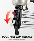 Professional Pneumatic Brad Nailer 18 Gauge Air Powered Nail Gun For Woodworking Trim Assembly Heavy Duty No Sweat Finish Tool Nailed It showing tool-free jam release feature.