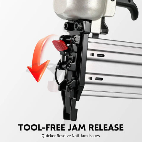 Professional Pneumatic Brad Nailer 18 Gauge Air Powered Nail Gun For Woodworking Trim Assembly Heavy Duty No Sweat Finish Tool Nailed It showing tool-free jam release feature.