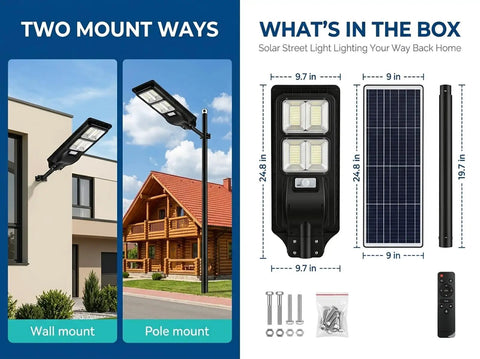 2 Pack Solar Street Light 180000 Lumens Outdoor LED Flood Light With Light Control And PIR Motion Sensor Dusk To Dawn Security Lighting For Yard Square Court Driveway Parking Lot, wall and pole mount options with included components.