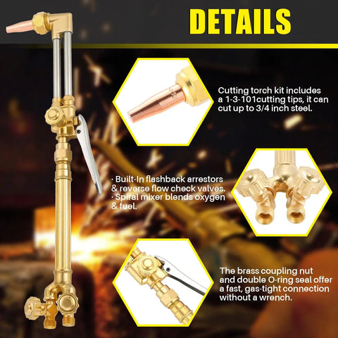 Type Cutting Attachment Torch Handle For Oxygen And Acetylene Cutting And Welding, Medium Duty, Includes 1-1-101 Tips, Cuts Steel Up To Three Quarters Inch, Heavy Duty Alloy Construction With Stainless Brass Components