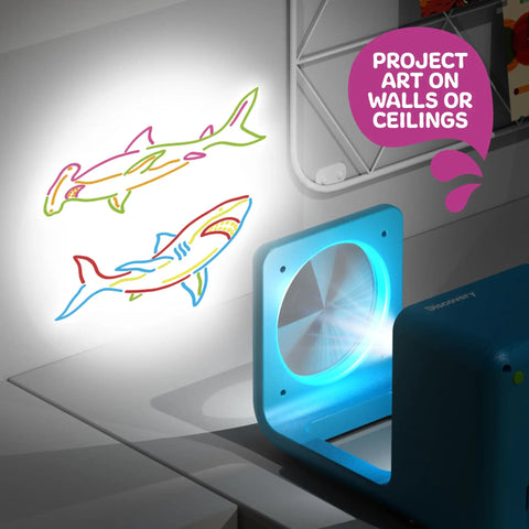 Doodle Projector Art Station For Kids With Reusable Drawing Discs And 6 Dry Erase Markers draws sharks on wall and ceiling