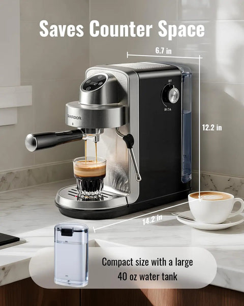 Level Up Your Daily Grind With This Solid 20 Bar Semi Auto Espresso Machine Sporting A Crisp Touchscreen Interface, showcasing compact design and 40 oz tank.