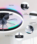 Slick Low Profile Ceiling Fan With Rgb Lights And Ultra Quiet Motor No Sweat Setup For Compact Rooms Black Flush Mount showcasing metal base, acrylic lampshade, and 7 transparent blades.
