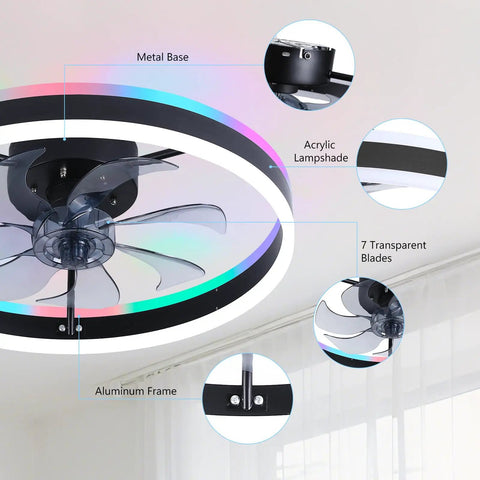Slick Low Profile Ceiling Fan With Rgb Lights And Ultra Quiet Motor No Sweat Setup For Compact Rooms Black Flush Mount showcasing metal base, acrylic lampshade, and 7 transparent blades.