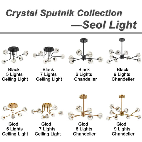 Crystal Sputnik Collection, Seol Light with black and gold options of 5 to 9 light chandeliers, including adjustable rod details.