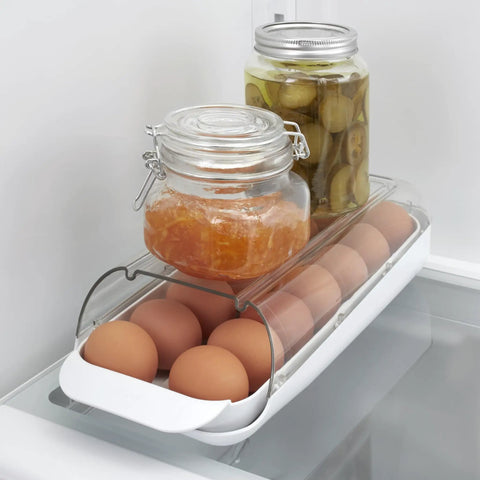 Rolling Egg Holder Organizer For Fridge, BPA-Free Stackable Dispenser With Removable Tray, Holds 12-14 Eggs, See-Through Top For Easy One-At-A-Time Dispense And Quick Refills