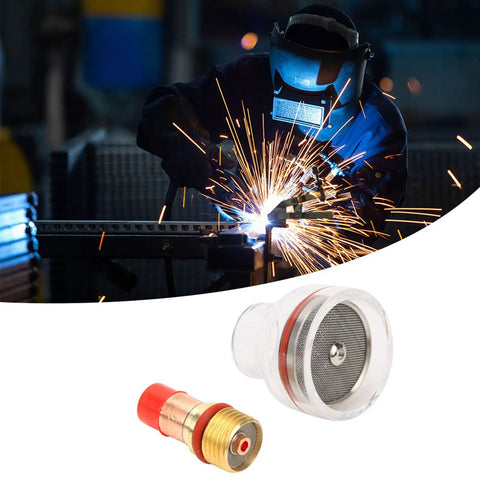 Gas Lens TIG Torch Kit For Arc Welding, High-Heat Resistant Collets, Nozzle, Back Gasket, Silicone Ring shown with welder at work