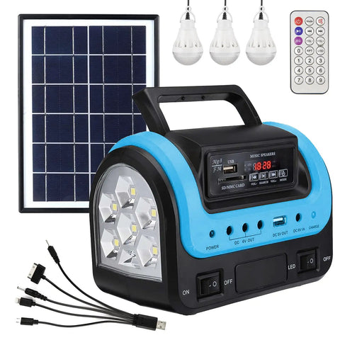 Beefy All In One Portable Solar Power Station With Panel And Built-In LED Lights, blue, includes USB and DC outputs.