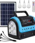 Beefy All In One Portable Solar Power Station With Panel And Built-In LED Lights, blue unit with solar panel and bulbs