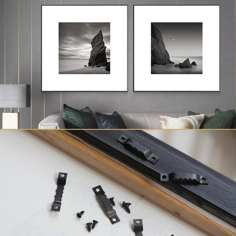 Top Shelf Heavy Duty Black Sawtooth Picture Hangers Supports 20 Lbs Rust Resistant Steel Wall Mount Hook Set 100 Pc Pack displayed with frames.