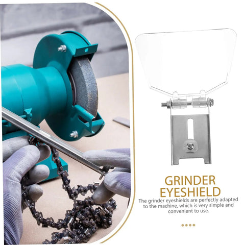 Eye Shield Dust Guard Attachment For Safety Guards, clear panel on bench grinder with chain, workshop setting