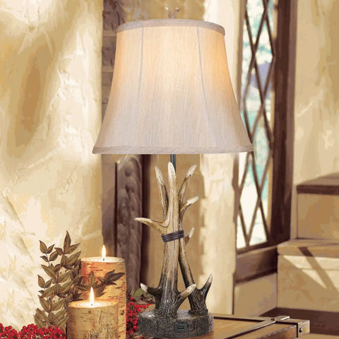 Set Of 2 Rustic Table Lamps For Living Room Farmhouse Antler Resin Nightstand Lamps With USB Charging Ports Three Way Dimmable