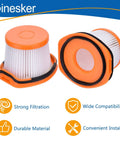 Close-up of 4 Pack Replacement HEPA Vacuum Filters For WandVac System Ultralight Cordless in orange and white plastic.
