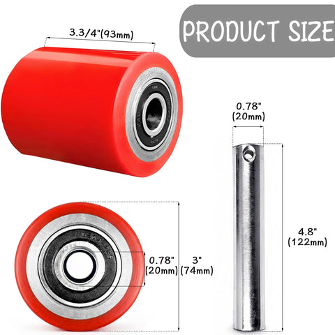 Heavy Duty Pallet Jack Wheel Replacement Kit With PU Tread 3 By 3.75 Inches Preinstalled Bearings 20mm ID 4.8 Inch Axles