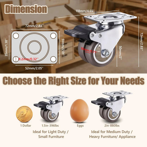 2 Inch Double Wheel Swivel Caster Wheels Set Of 4 Rubber Heavy Duty Casters With 880 Lbs Load Capacity, dimensions and size guide