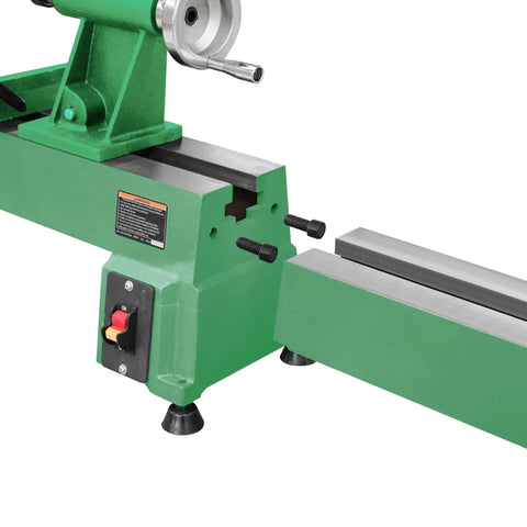 Green extension bed for woodturning lathe upgrade for Harbor Freight Central Machinery 65345 10 by 18 inch lathe in green.
