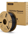 Front view of ELEGOO PLA filament spool in black, 1.75 mm, 1 kg, with cardboard box labeled 3D Printer Filament in background