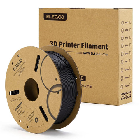Front view of ELEGOO PLA filament spool in black, 1.75 mm, 1 kg, with cardboard box labeled 3D Printer Filament in background